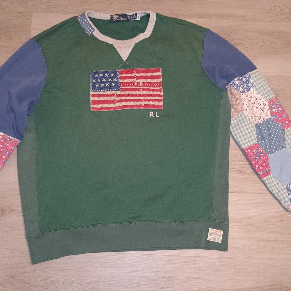 Polo Ralph Lauren Green Crewneck Sweater with Patchwork Sleeves